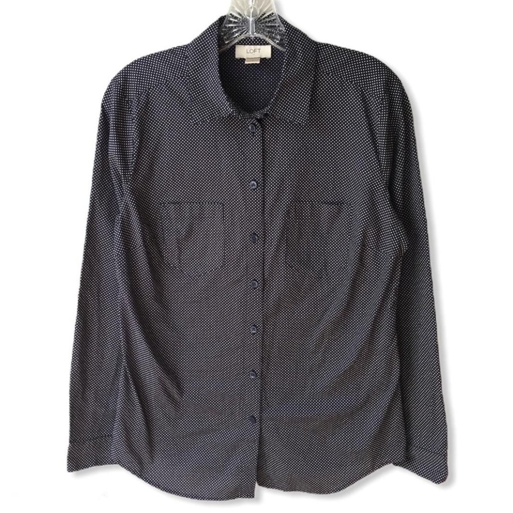 LOFT Navy Long Sleeve Button-Up White Polka Dots